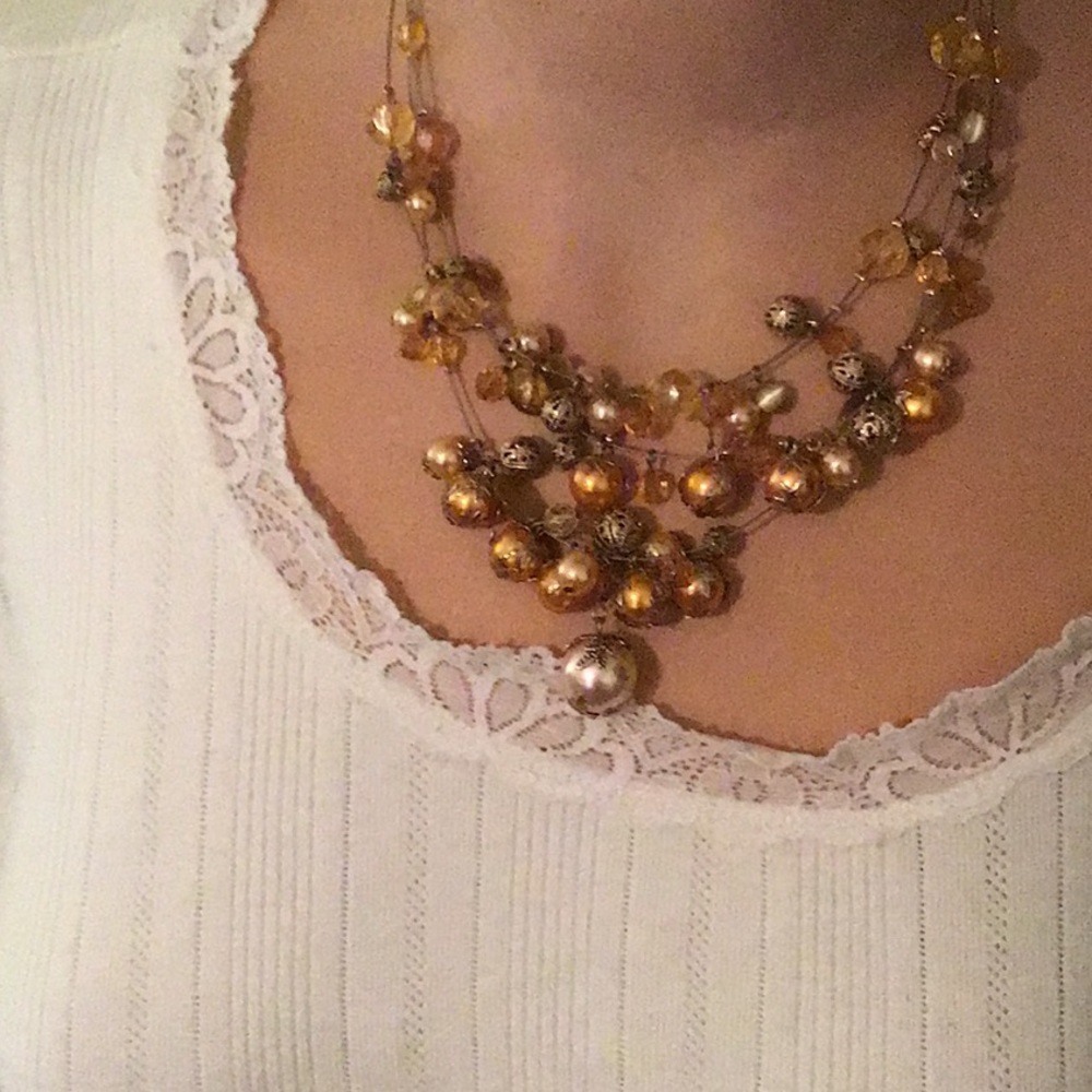 NECKLACE Three strands golden beads filigree &wire